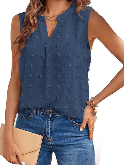 Swiss Dot Notched Sleeveless Blouse